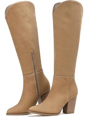 🆕 Women Tan Matte Leather Knee High Block Heel Western Cowboy Boot Shoes